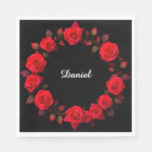 Serviette En Papier Couronne florale de rose rouge sur fond noir