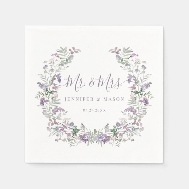 Serviette En Papier Couronne florale mauve blanc M. Mme la mariage (Devant)