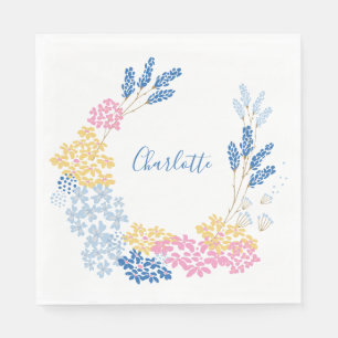 Serviette En Papier Couronne florale personnalisée avec nom Rose Bleu