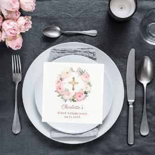 Serviette En Papier Couronne florale rose fille Première Communion