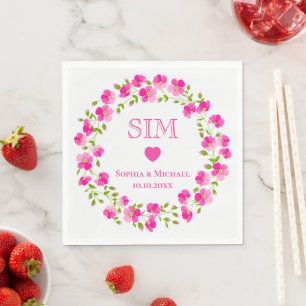 Serviette En Papier Couronne florale rose vibrante, monogramme de mari