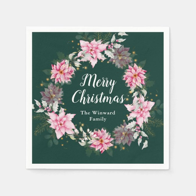 Serviette En Papier Couronne rose Poinsettia Joyeux Noël (Devant)