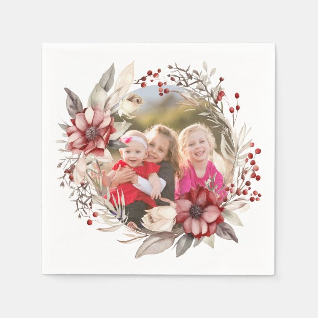 Serviette En Papier Couronnes de Noël, fleurs rouges et baies (Devant)