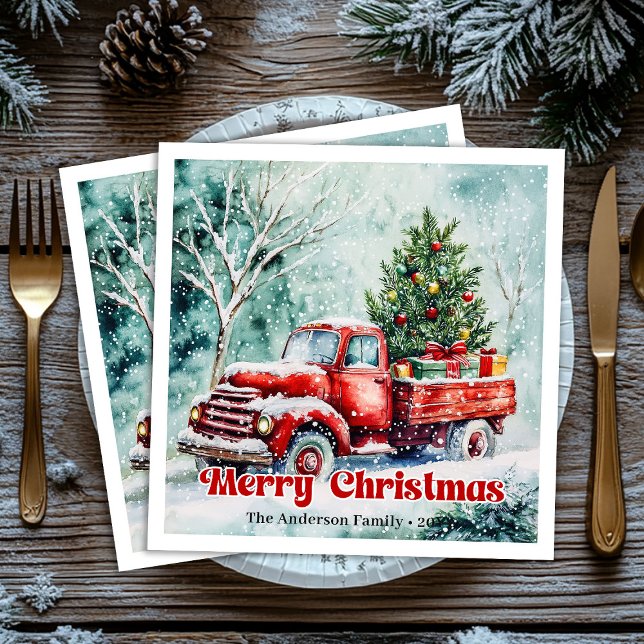Serviette En Papier Cozy red truck Christmas scene rustic party napkin (Cozy red truck Christmas scene rustic party napkins)