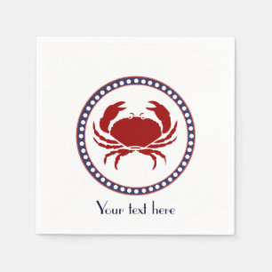 Serviette En Papier Crabe rouge nautique et bandes grises avec texte