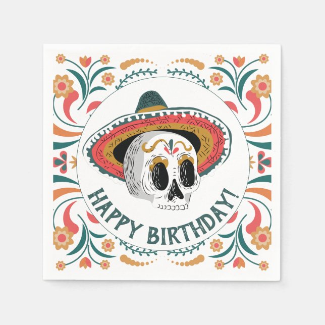 Serviette En Papier Crâne à sucre avec Sombrero Anniversaire (Devant)