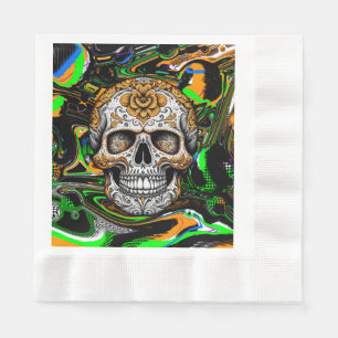 Serviette En Papier Crâne de sucre d'art noir orange et vert citron