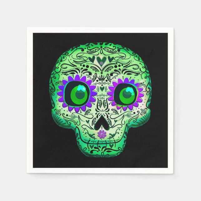 Serviette En Papier Crâne de sucre vert et violet brillant Halloween n (Devant)