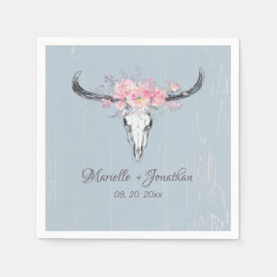 Serviette En Papier Crâne de vache rustique Boho Aquarelle bleu floral