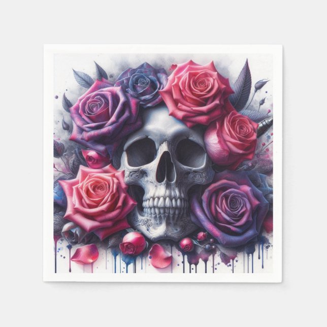 Serviette En Papier Crâne entouré de Roses dynamiques (Devant)