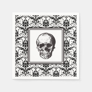 Serviette En Papier Crâne vintage noir et blanc gothique damassé