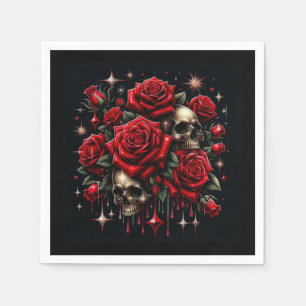 Serviette En Papier Crânes d'or et roses rouges étincelante gothique