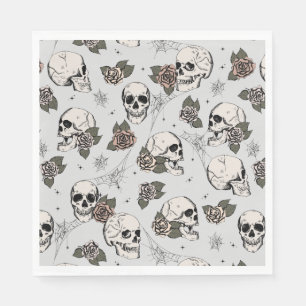 Serviette En Papier Crânes et Roses Gothiques Gris Clair Halloween
