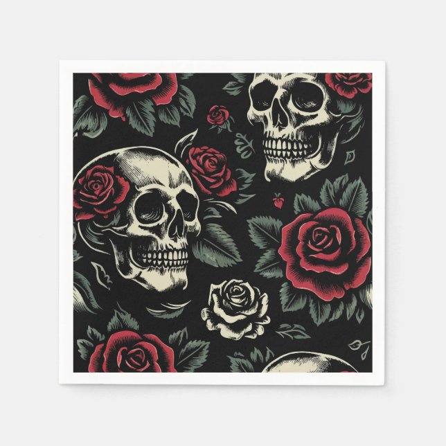 Serviette En Papier Crânes et roses rouges Floral gothique (Devant)