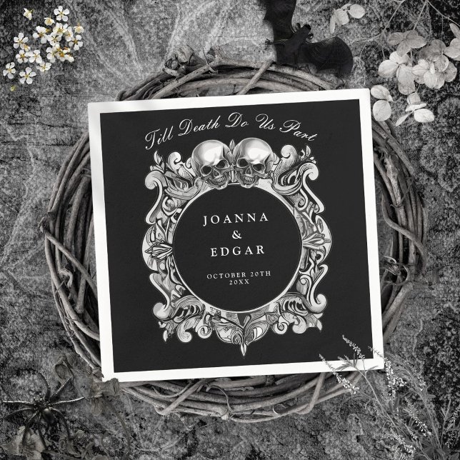 Serviette En Papier Crânes noirs et blancs Mariage gothique (Black And White Skulls Gothic Wedding Napkins)