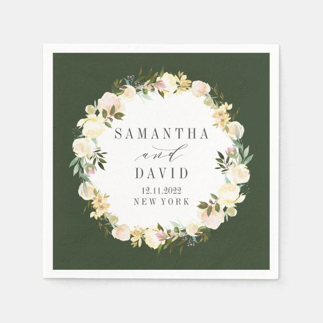Serviette En Papier Crème et chasseur Vert Mariage floral personnalisé (Devant)