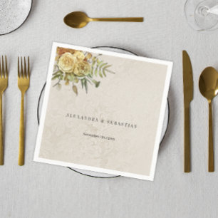 Serviette En Papier Crème Rustique Yellow Roses Mariage damassé