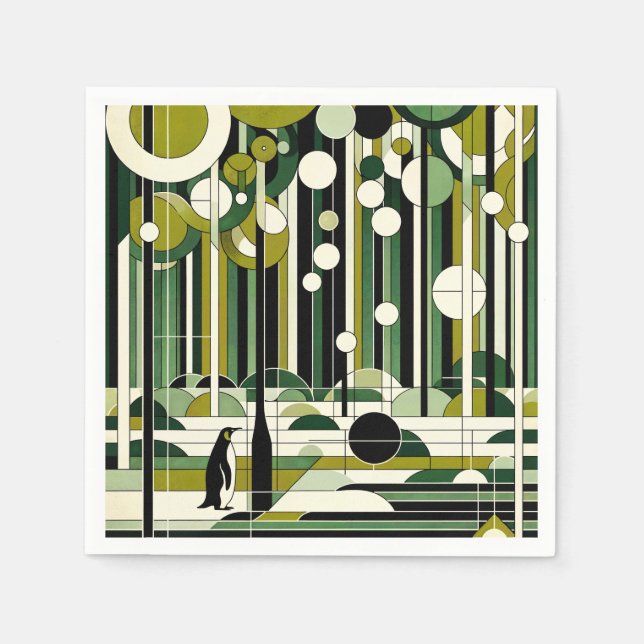 Serviette En Papier Crème vert olive Géométrique Forêt de pingouins Ré (Devant)
