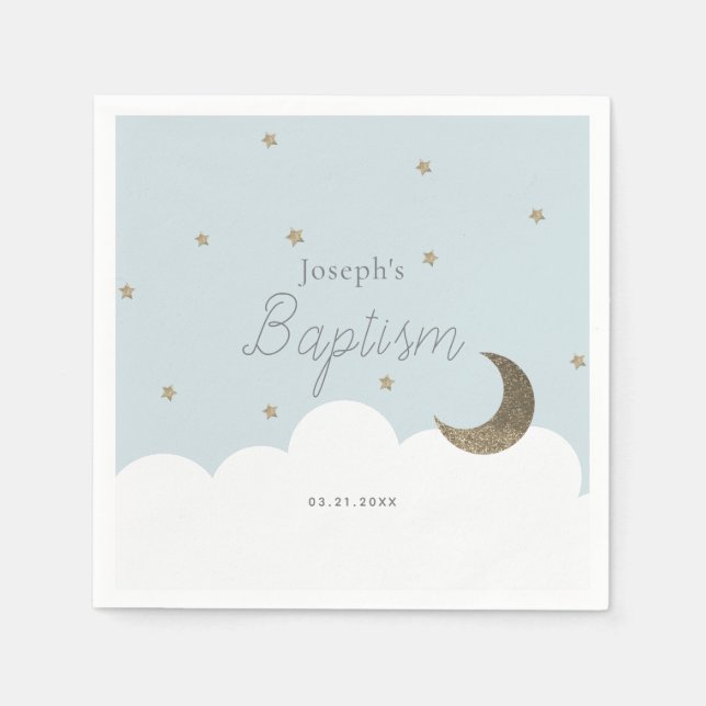 Serviette En Papier Crescent Moon & Stars Light Blue Boy Baptême (Devant)
