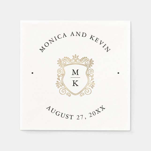 Serviette En Papier Crest doré | Élégant Mariage noir et blanc (Devant)