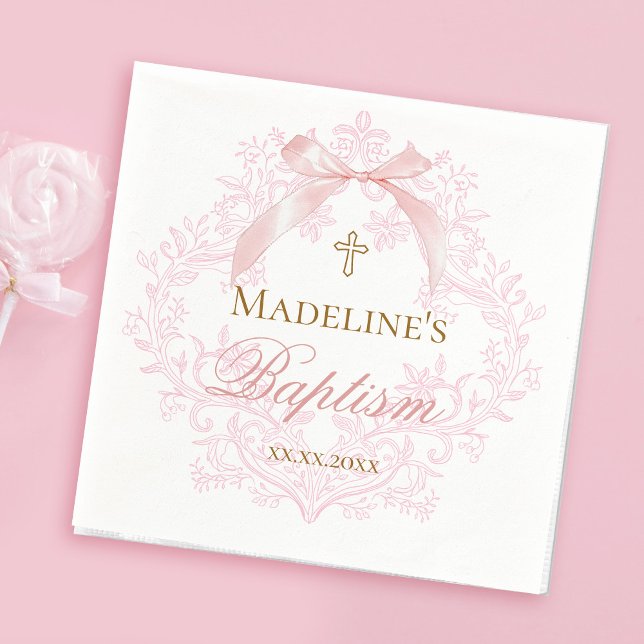 Serviette En Papier crête rose aquarelle | Baptême (Créateur téléchargé)