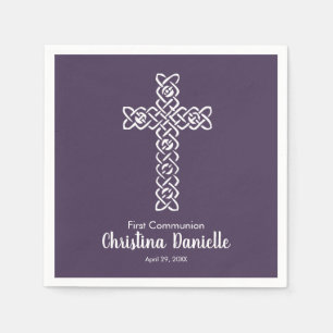 Serviette En Papier Croix Aubergine   Communion Baptême Baptême