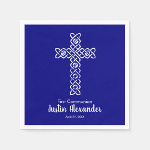 Serviette En Papier Croix   Baptême de communion bleu marine