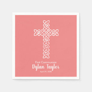 Serviette En Papier Croix   Communion de corail clair Baptême Christen