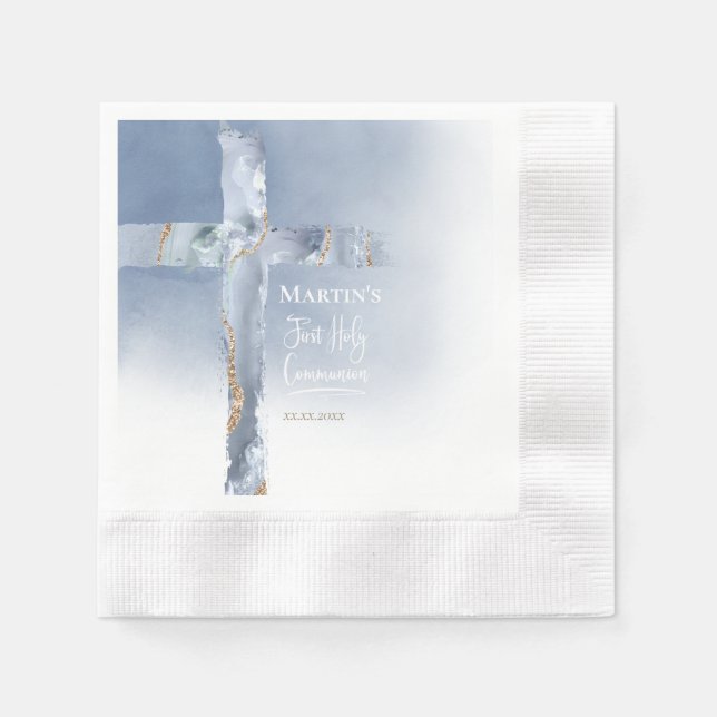 Serviette En Papier croix d'agate bleu poussiéreux Première communion (Devant)