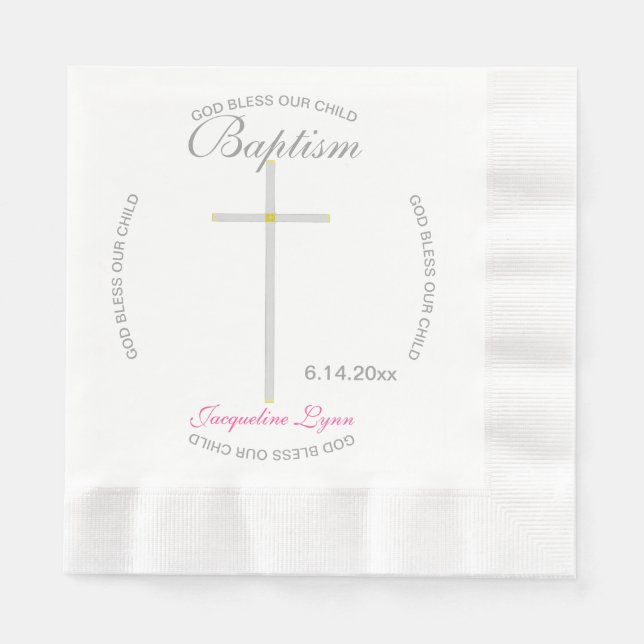 Serviette En Papier Croix d'argent Baptême fille rose (Devant)