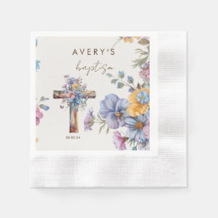 Serviette En Papier Croix de baptême botanique élégante et stylée
