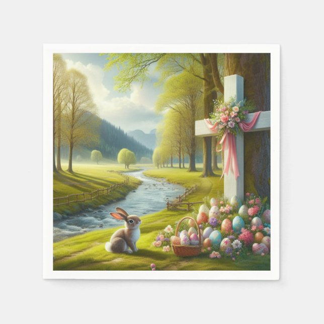 Serviette En Papier Croix de Pâques avec lapin et oeufs (Devant)