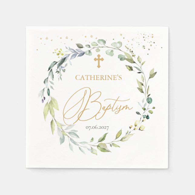 Serviette En Papier Croix de plantes Eucalyptus Baby Baptism serviette (Devant)