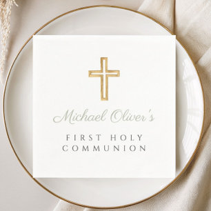 Serviette En Papier Croix de première communion élégante vert sauge éc