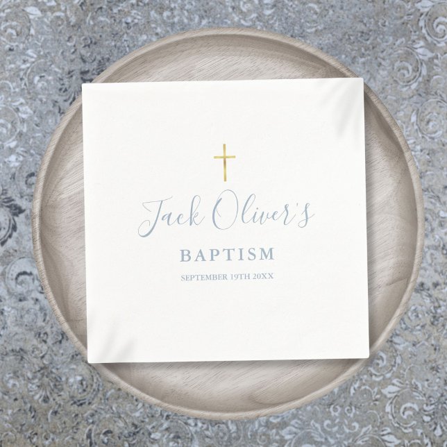 Serviette En Papier Croix d'or bleu Dusty Baptême Christening (Dusty Blue Gold Cross Baptism Christening Napkins)