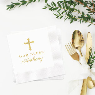 Serviette En Papier Croix d'or Dieu Bénie Baptême Religieux Bébé