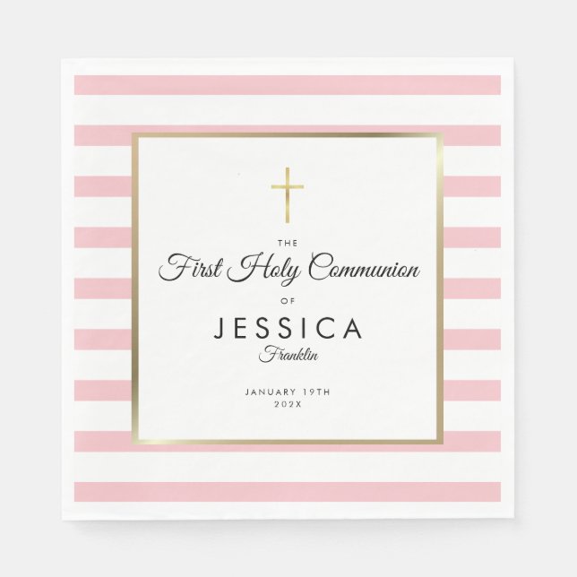 Serviette En Papier Croix d'or Pink Stripe première sainte Communion (Devant)