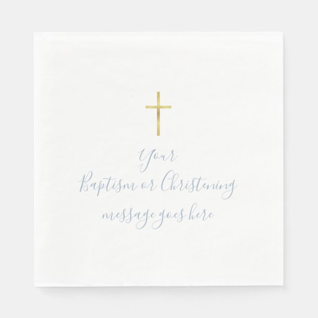 Serviette En Papier Croix d'or simple Baptême Christening Dusty Blue (Devant)