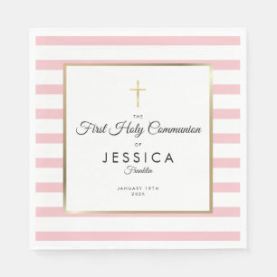 Serviette En Papier Croix dorée avec rayure rose Première Sainte Commu
