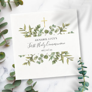 Serviette En Papier Croix dorée de la première communion avec feuillag