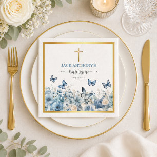 Serviette En Papier Croix dorée élégante Baptême floral bleu