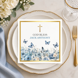 Serviette En Papier Croix dorée élégante Baptême floral bleu