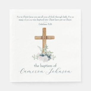 Serviette En Papier Croix du bois Verse Bible Baptême Bleu et Blanc