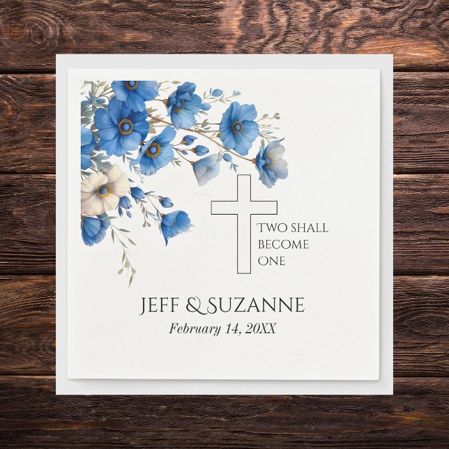 Serviette En Papier Croix Florale Bleue Deux deviennent un Mariage (Blue Floral Cross Two Become One Wedding Napkins)