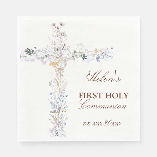 Serviette En Papier croix florale de première communion (Devant)