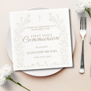 Serviette En Papier Croix florale élégante en or pour baptême chrétien