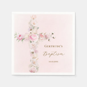 Serviette En Papier Croix florale rose de baptême 