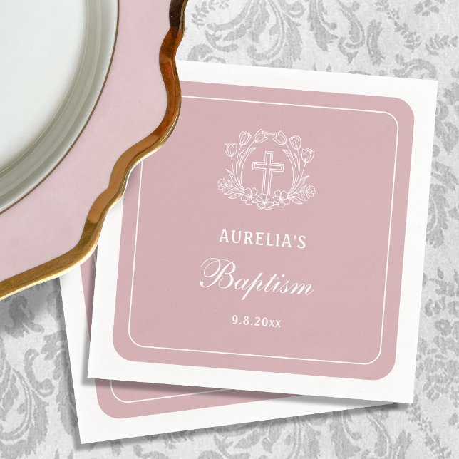 Serviette En Papier Croix florale simple sur le baptême rose (Créateur téléchargé)