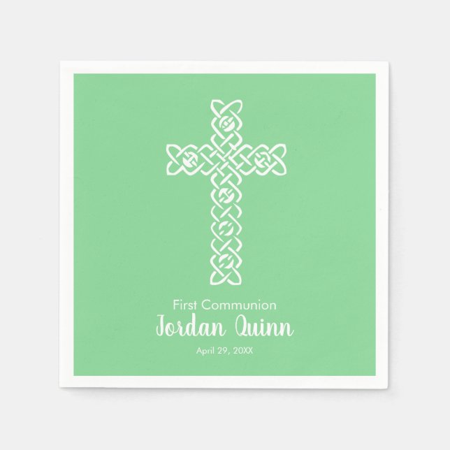 Serviette En Papier Croix | Mint Green Communion Baptism Christening (Devant)