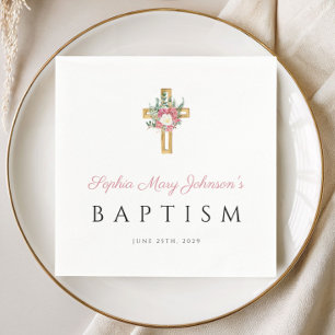 Serviette En Papier Croix Religieuse Élégante Fille Florale Rose Baptê